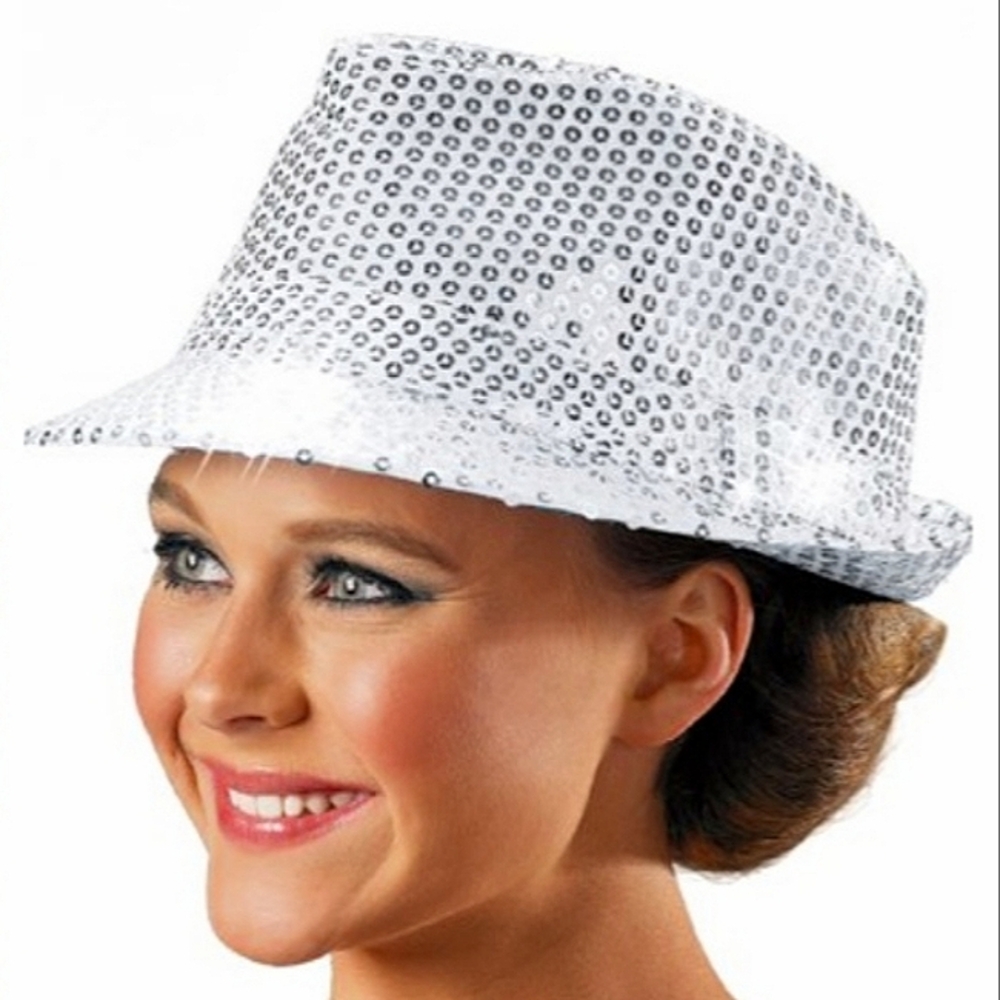 GROOVY GLAM Silver Sequins on White Fedora Unisex Party Hat